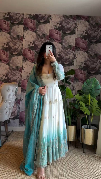 Wedding Wear Off White With Blue Color Georgette Anarkali Gown Set