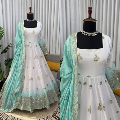 Wedding Wear Off White With Blue Color Georgette Anarkali Gown Set