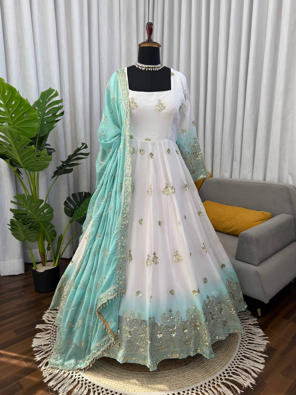 Wedding Wear Off White With Blue Color Georgette Anarkali Gown Set