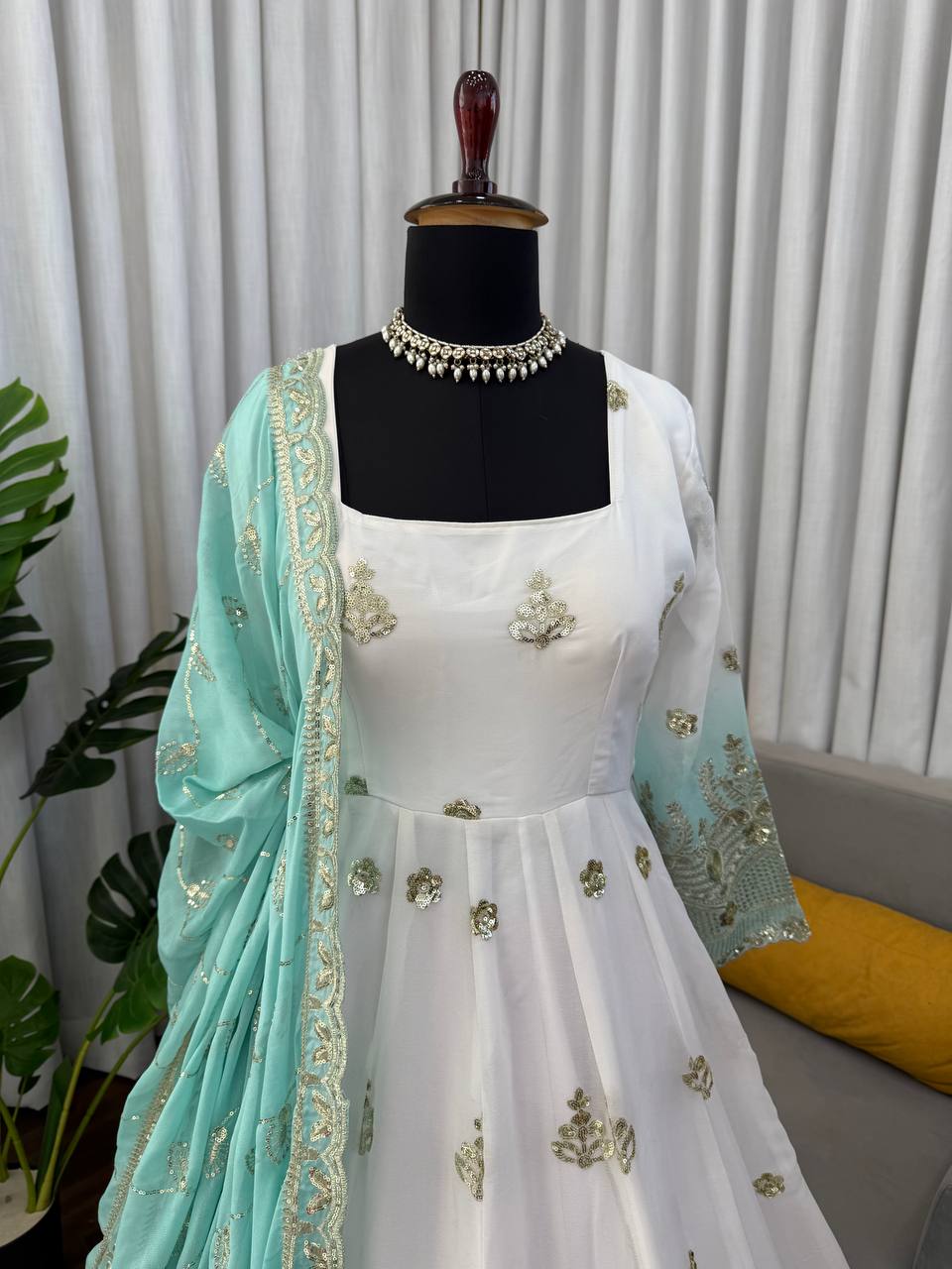 Wedding Wear Off White With Blue Color Georgette Anarkali Gown Set