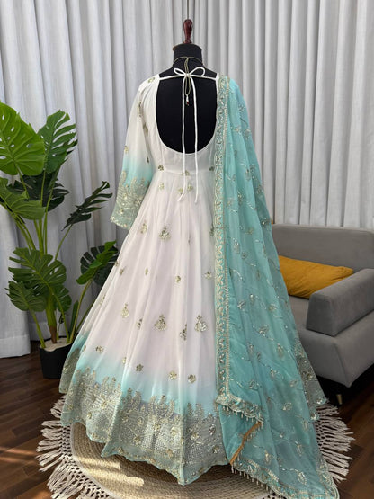 Wedding Wear Off White With Blue Color Georgette Anarkali Gown Set