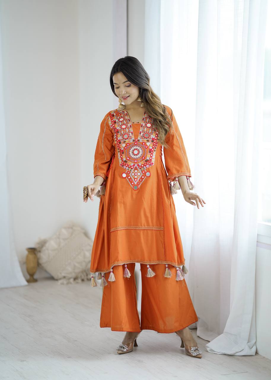 Fetive Wear Dusty Orange Color Pure Khadi Cotton Embroidered Designer Co-ord Set
