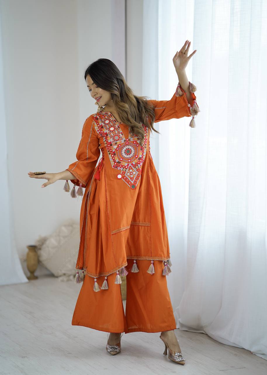 Fetive Wear Dusty Orange Color Pure Khadi Cotton Embroidered Designer Co-ord Set
