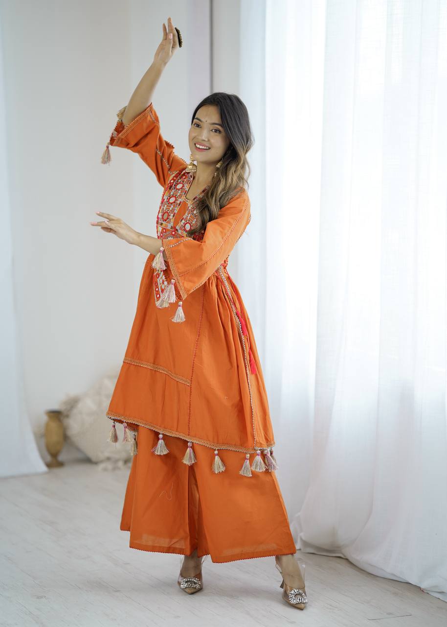 Fetive Wear Dusty Orange Color Pure Khadi Cotton Embroidered Designer Co-ord Set