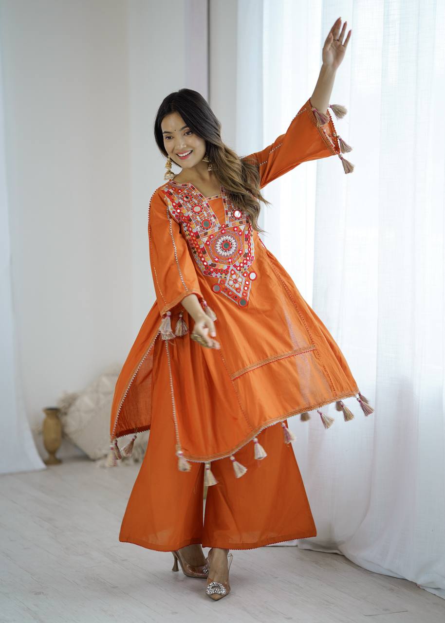 Fetive Wear Dusty Orange Color Pure Khadi Cotton Embroidered Designer Co-ord Set