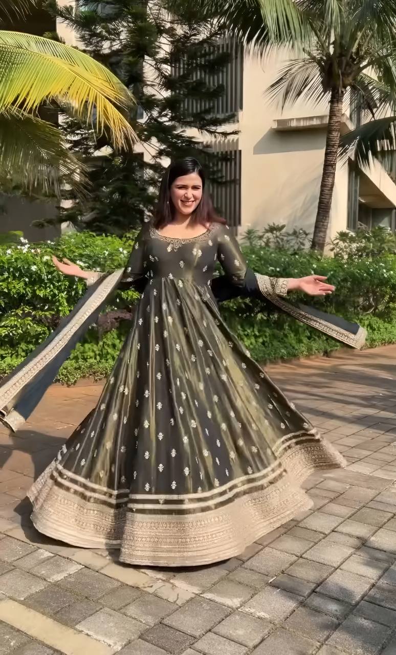 Luxury Green Color Designer Chinon Silk Embroidered Anarkali Gown Suit