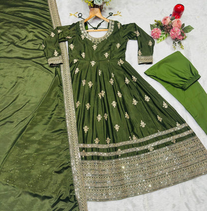 Luxury Green Color Designer Chinon Silk Embroidered Anarkali Gown Suit