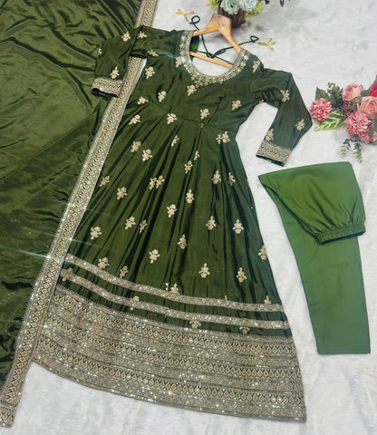 Luxury Green Color Designer Chinon Silk Embroidered Anarkali Gown Suit