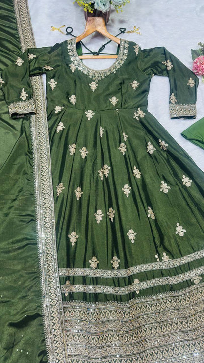 Luxury Green Color Designer Chinon Silk Embroidered Anarkali Gown Suit