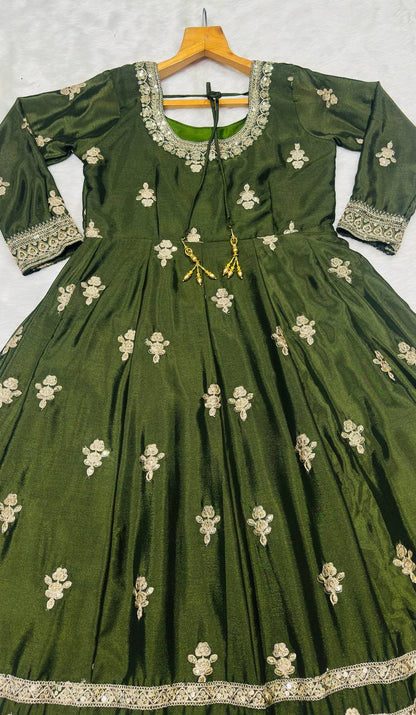 Luxury Green Color Designer Chinon Silk Embroidered Anarkali Gown Suit