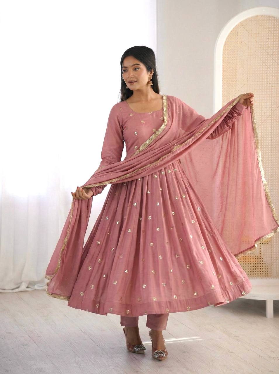Arti Chauhan Wear Peach Color Roman Silk Anarkali Set