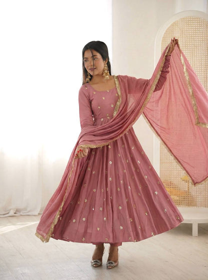 Arti Chauhan Wear Peach Color Roman Silk Anarkali Set