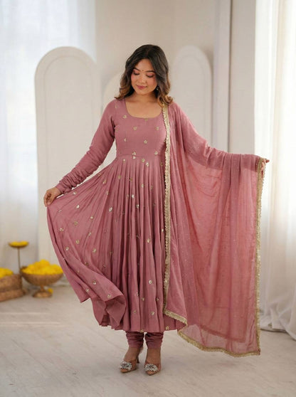 Arti Chauhan Wear Peach Color Roman Silk Anarkali Set