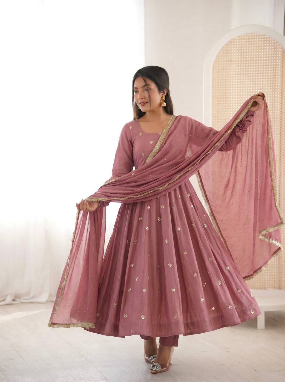Arti Chauhan Wear Peach Color Roman Silk Anarkali Set