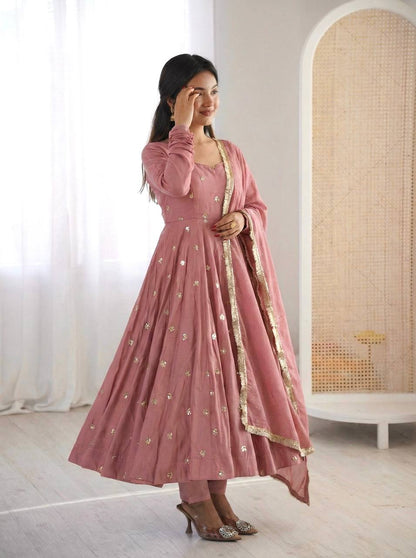 Arti Chauhan Wear Peach Color Roman Silk Anarkali Set