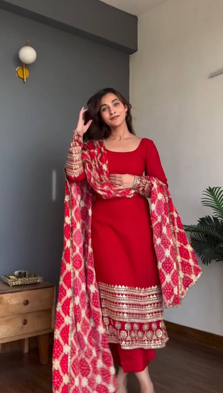Red Color Faux Georgette Ready To Wear Salwar Suit