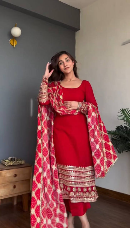 Red Color Faux Georgette Ready To Wear Salwar Suit
