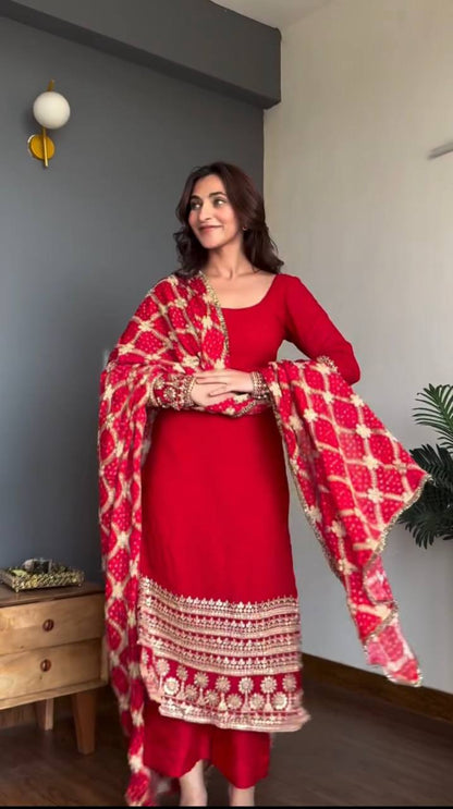 Red Color Faux Georgette Ready To Wear Salwar Suit