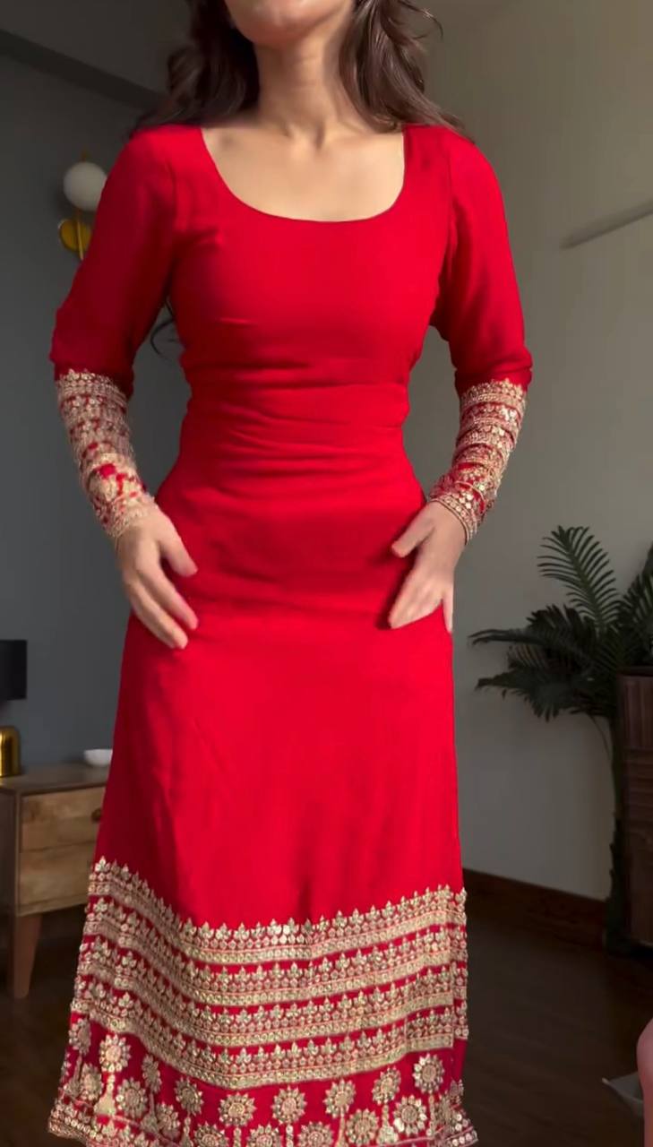 Red Color Faux Georgette Ready To Wear Salwar Suit