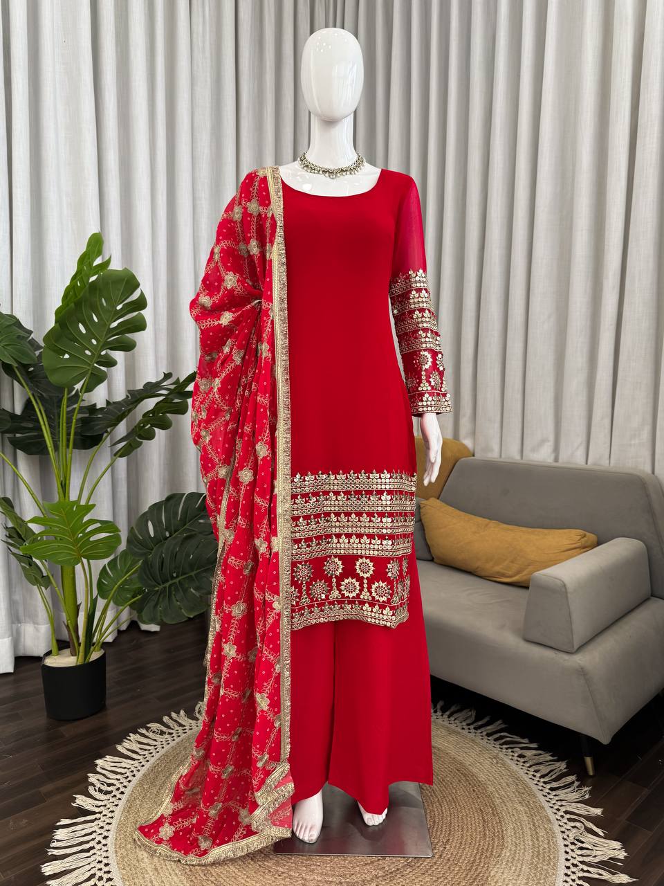 Red Color Faux Georgette Ready To Wear Salwar Suit