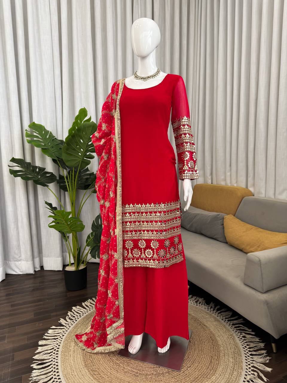 Red Color Faux Georgette Ready To Wear Salwar Suit