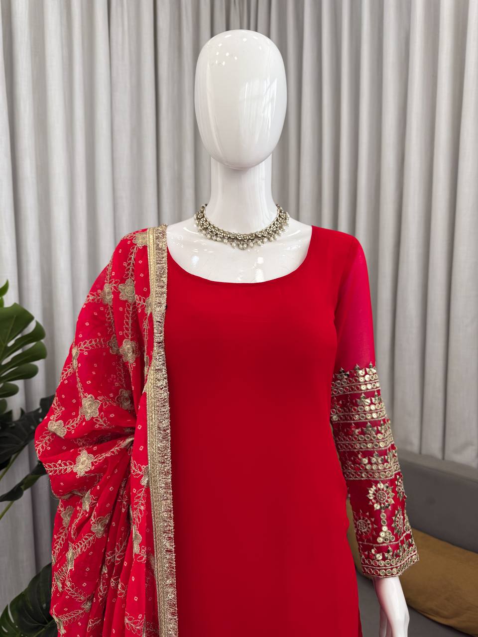 Red Color Faux Georgette Ready To Wear Salwar Suit