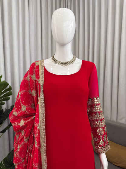 Red Color Faux Georgette Ready To Wear Salwar Suit