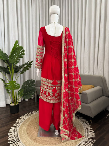 Red Color Faux Georgette Ready To Wear Salwar Suit