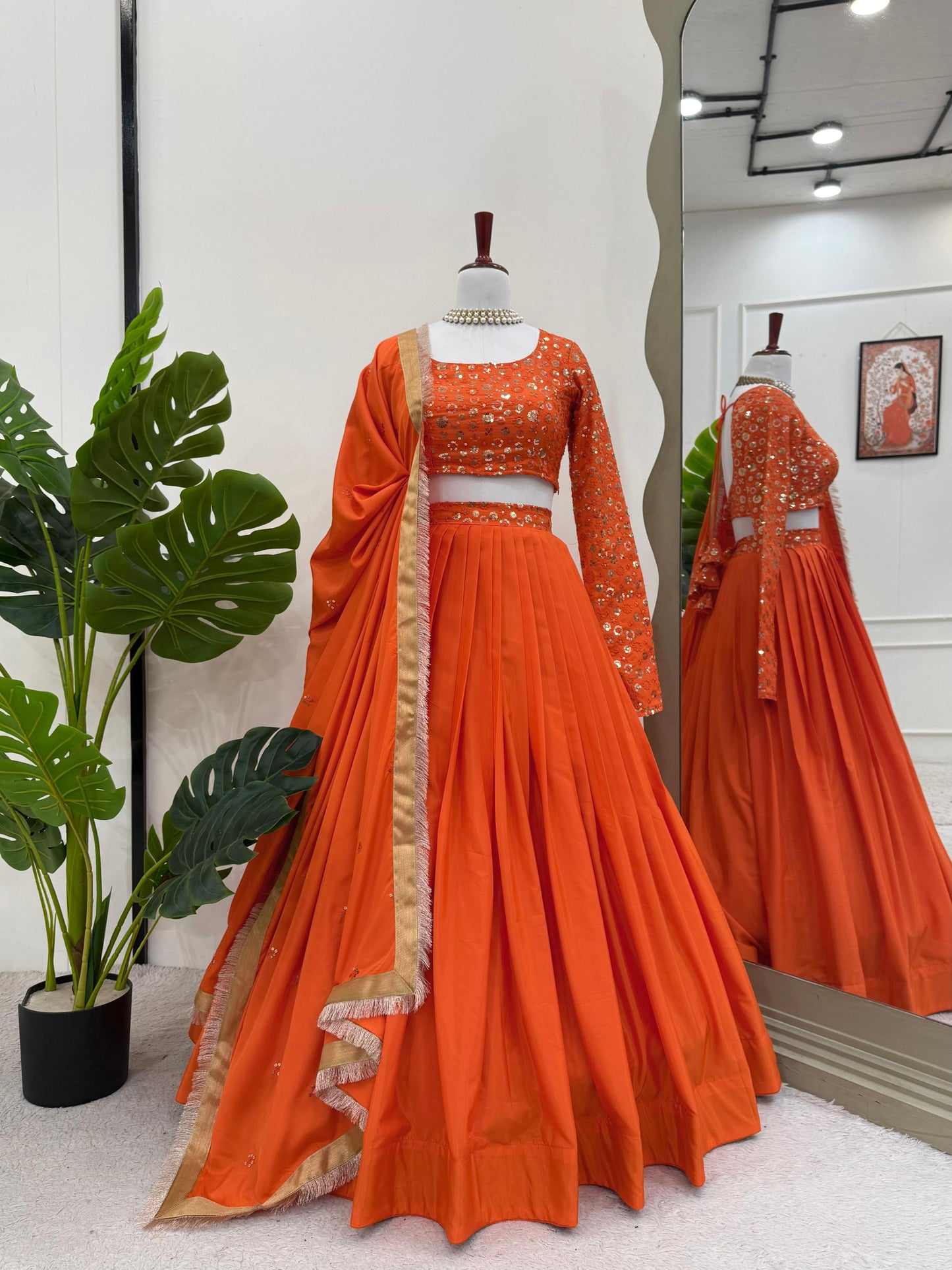 Wedding & Party Wear Sequence Work Orange Color Lehenga Choli