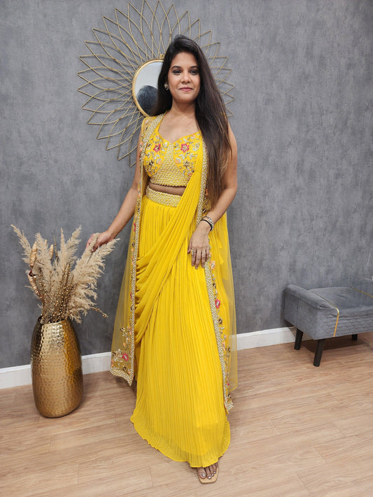 Function Wear Georgette Yellow Color Lehenga Saree With Koti
