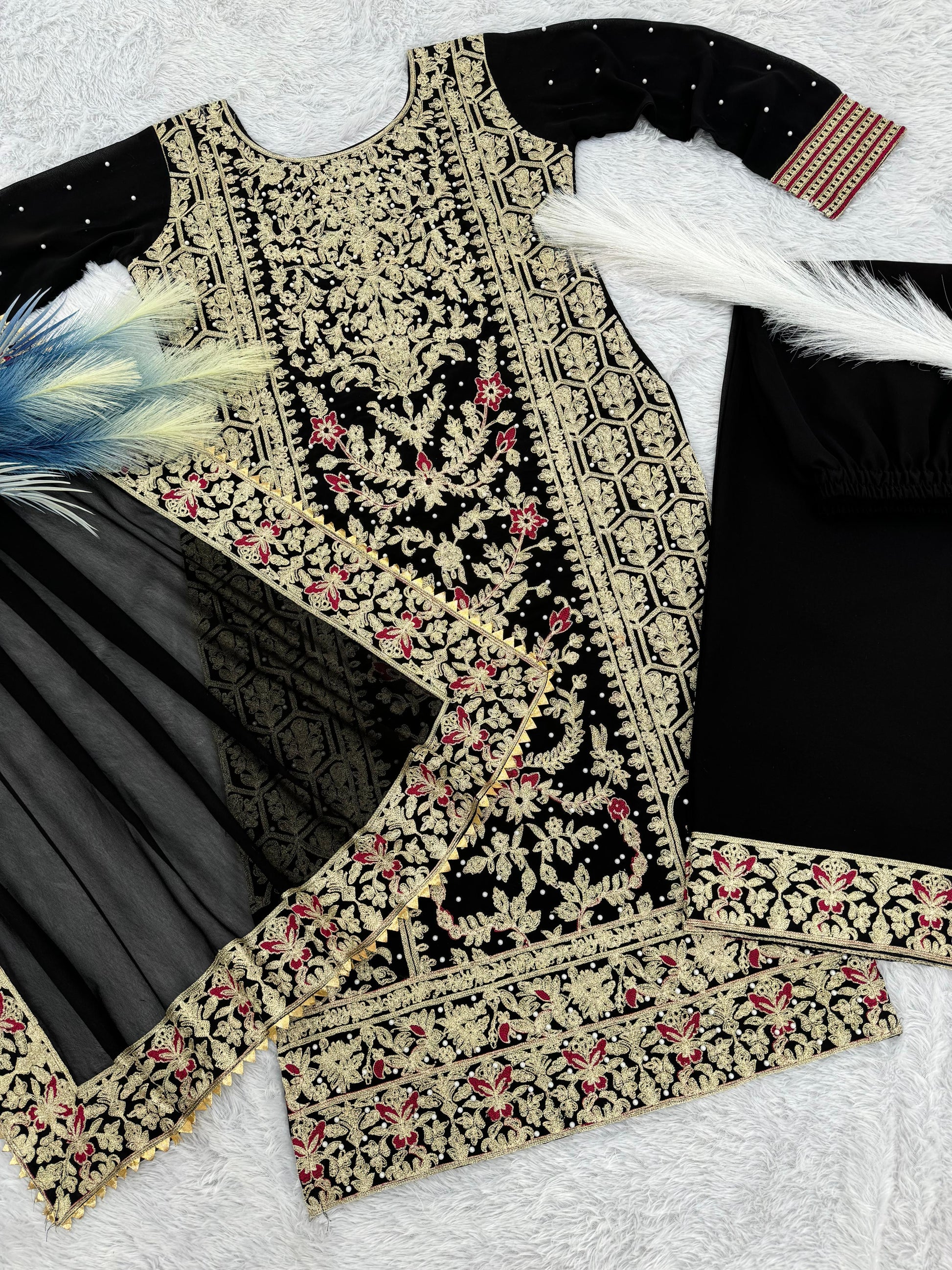Pattern Wedding & Party Wear Moti Work Black Color Sharara Suit