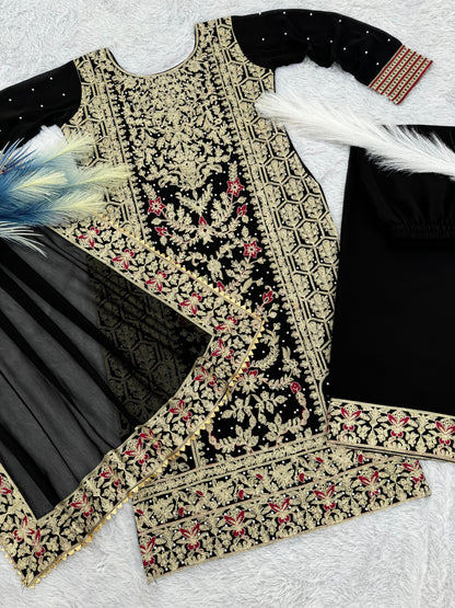 Pattern Wedding & Party Wear Moti Work Black Color Sharara Suit