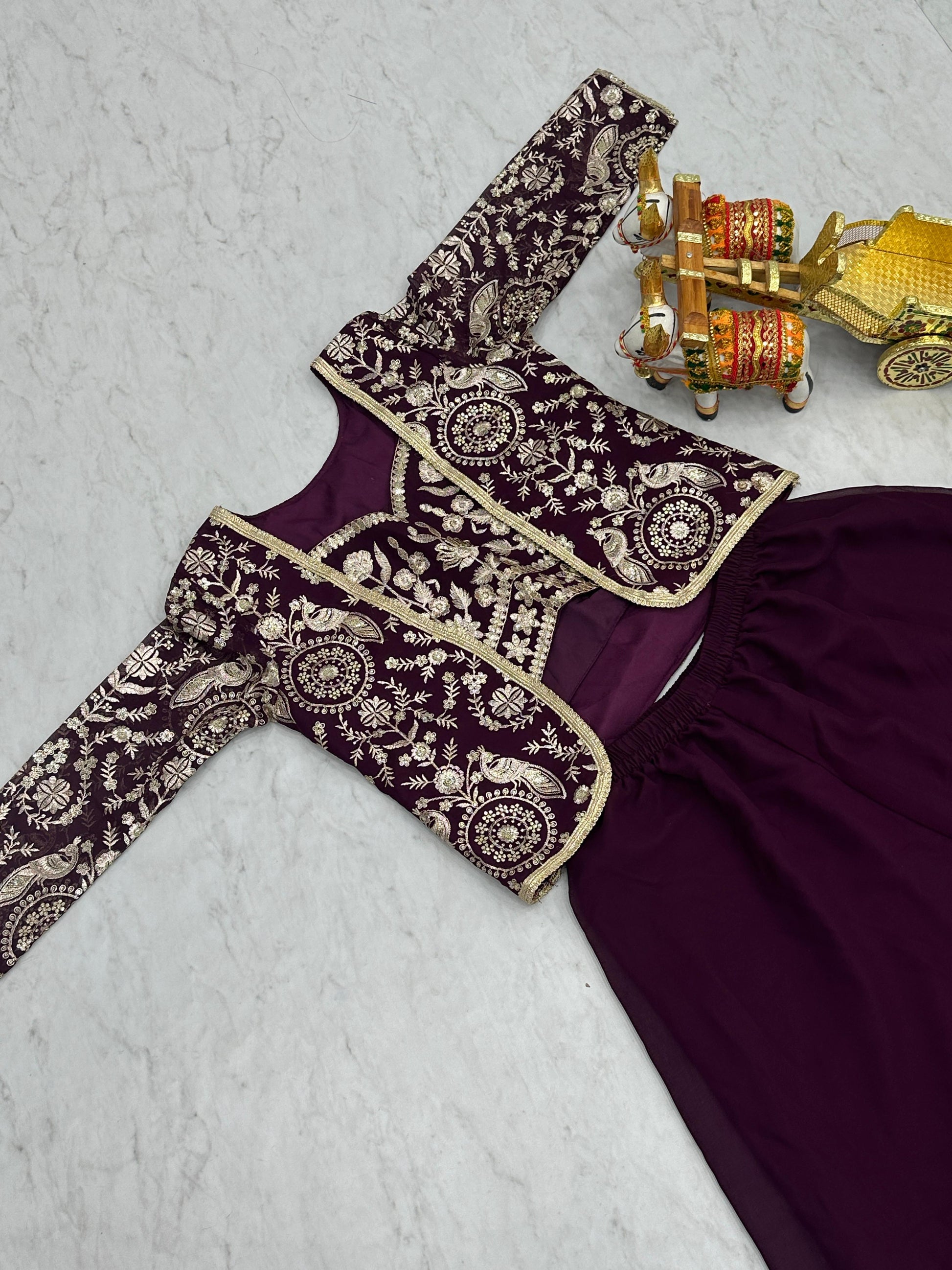 Glossy Georgette Lace Work Wine Color Palazzo Suit With Koti