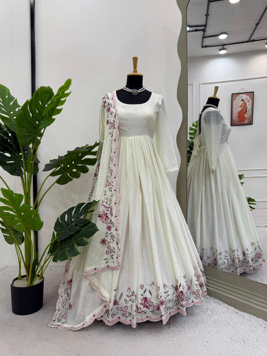 Designer Sequence Work White Color Gown