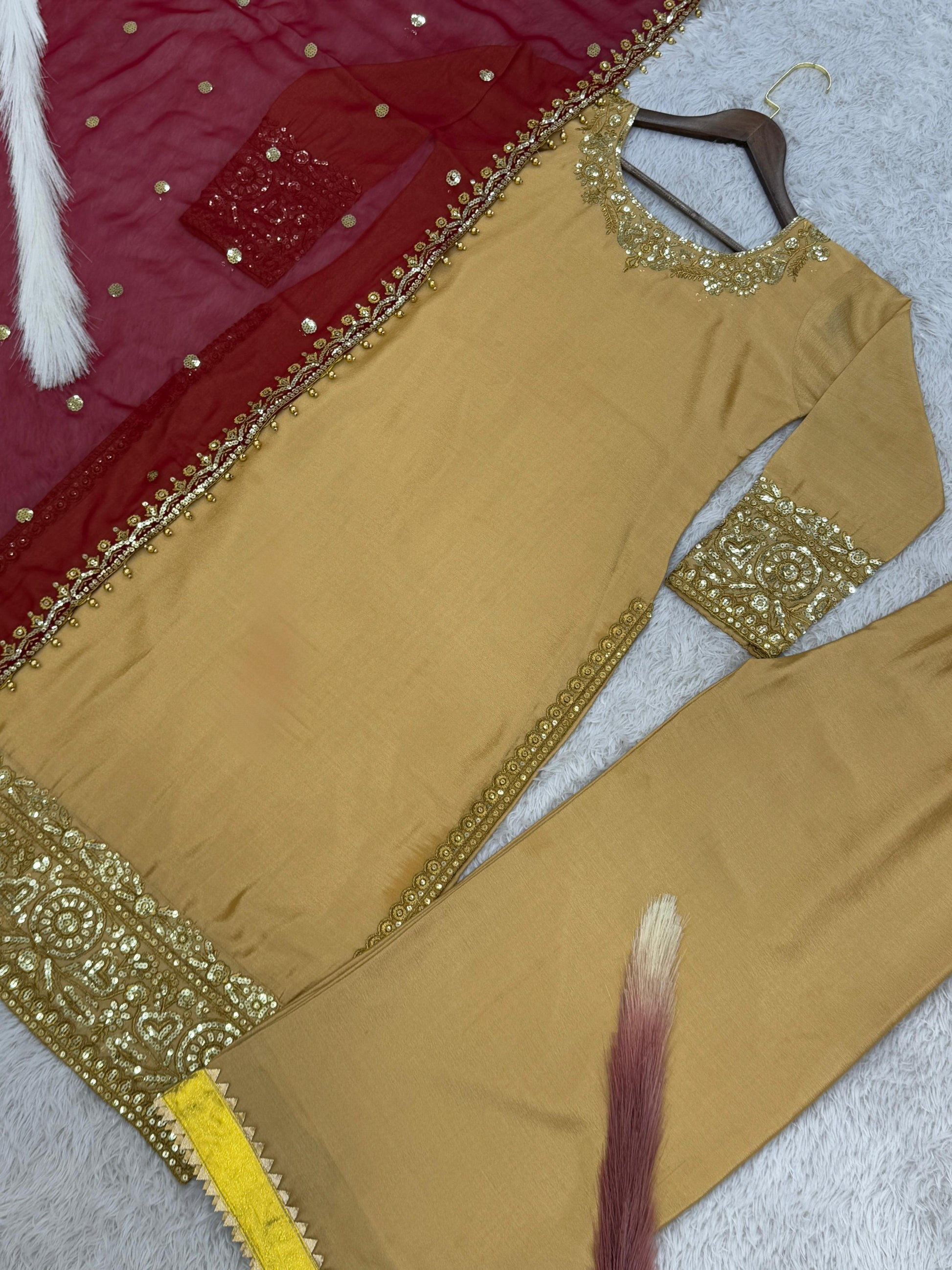 Good Looking Sequin Work Beige Color Top Palazzo With Dupatta