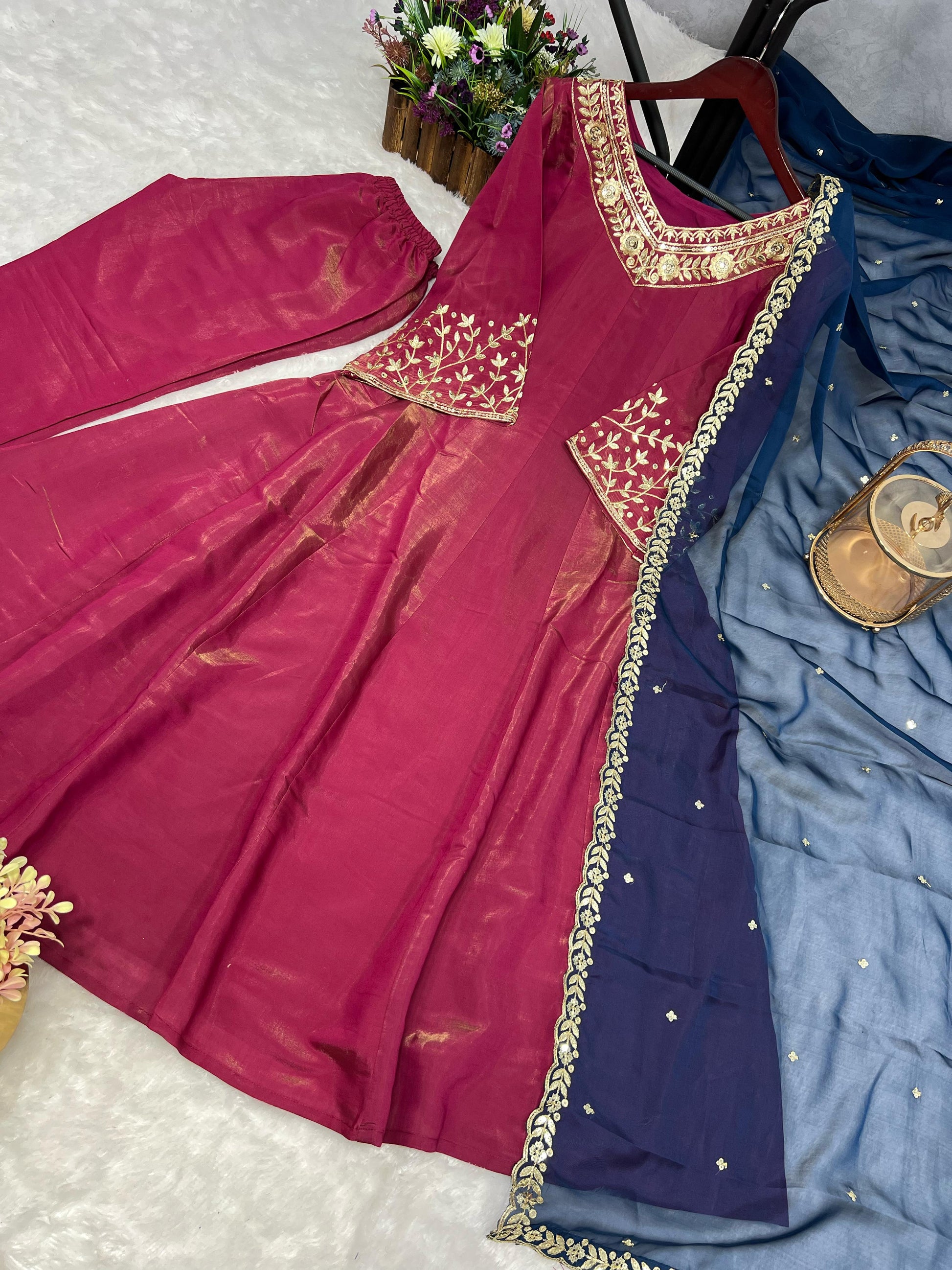 Designer Chimar Silk Pink Color Anarkali Suit