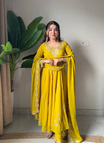 Wonderful Yellow Color Fox Georette Embroidered Anarkali Gown