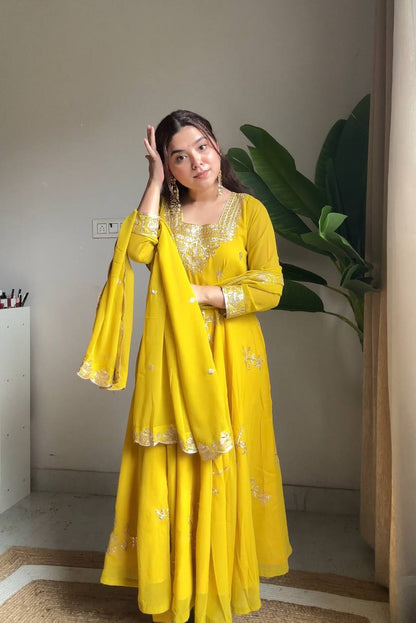 Wonderful Yellow Color Fox Georette Embroidered Anarkali Gown