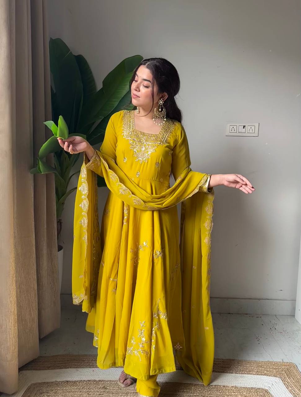 Wonderful Yellow Color Fox Georette Embroidered Anarkali Gown