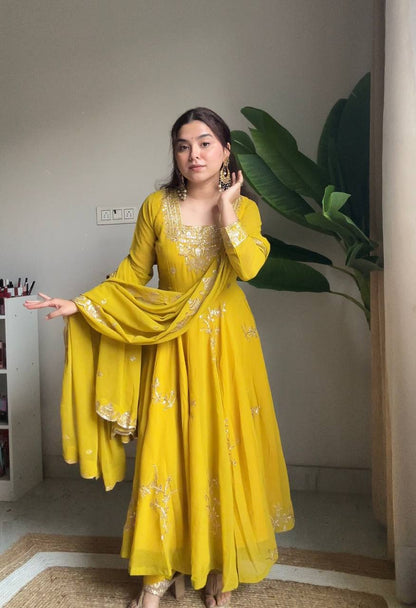 Wonderful Yellow Color Fox Georette Embroidered Anarkali Gown