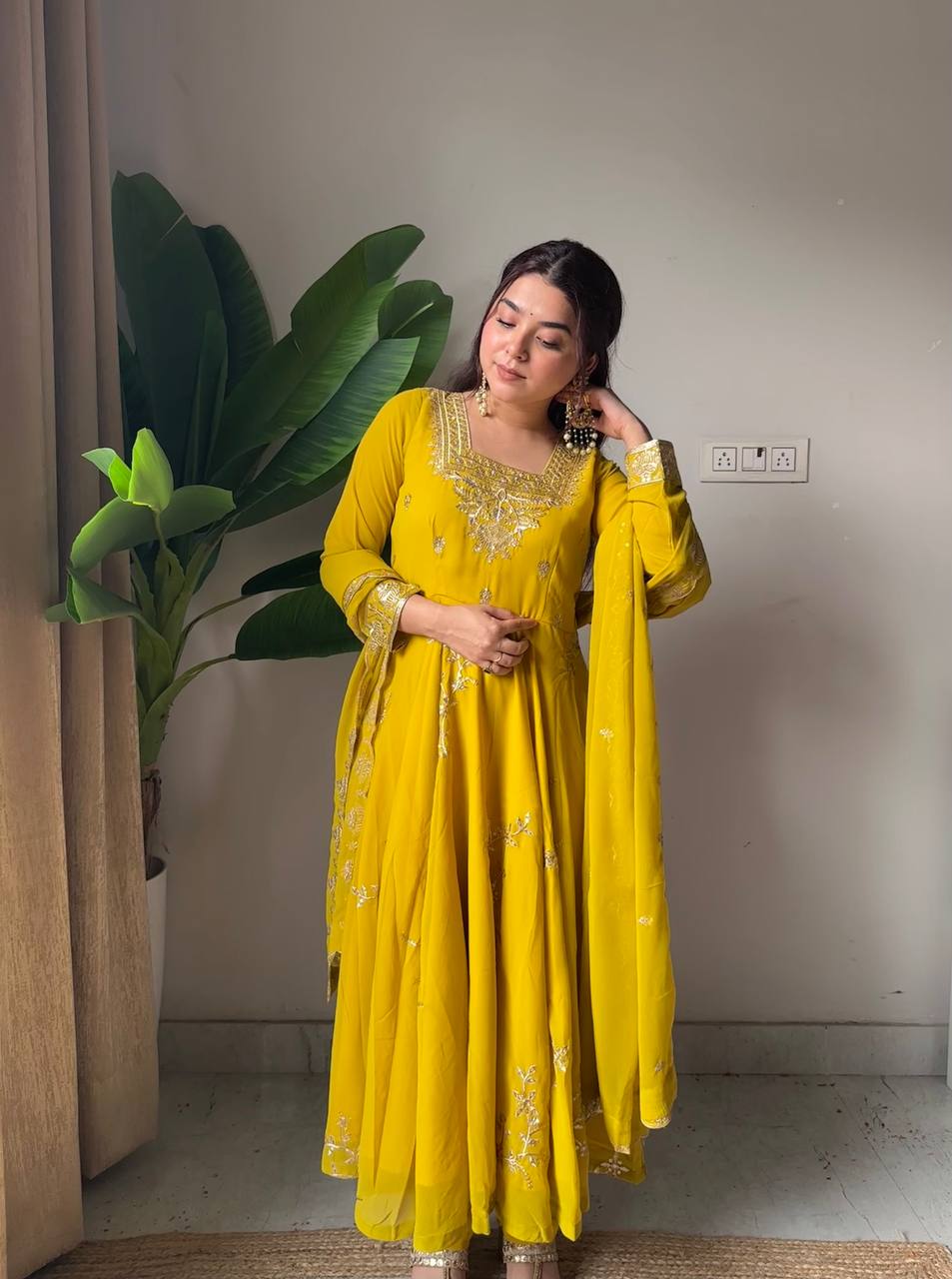 Wonderful Yellow Color Fox Georette Embroidered Anarkali Gown