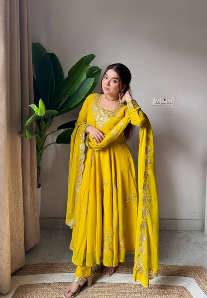 Wonderful Yellow Color Fox Georette Embroidered Anarkali Gown