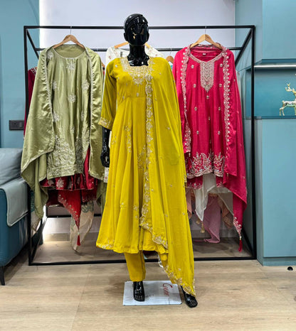 Wonderful Yellow Color Fox Georette Embroidered Anarkali Gown