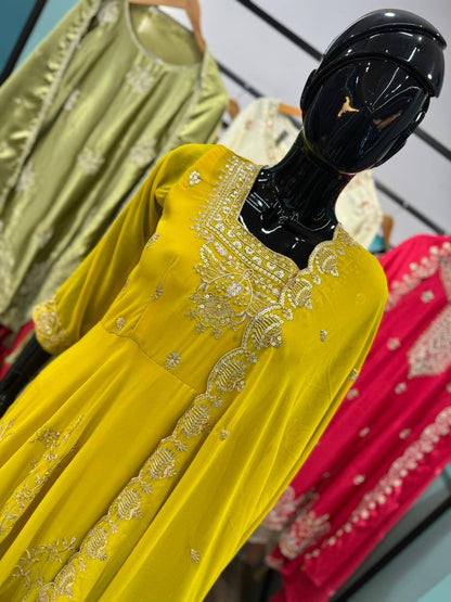 Wonderful Yellow Color Fox Georette Embroidered Anarkali Gown