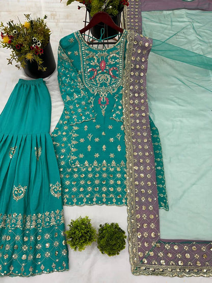 Bollywood Style Green color Heavy Chinnon silk With  Embroidery Sequence Work Sharara Suit