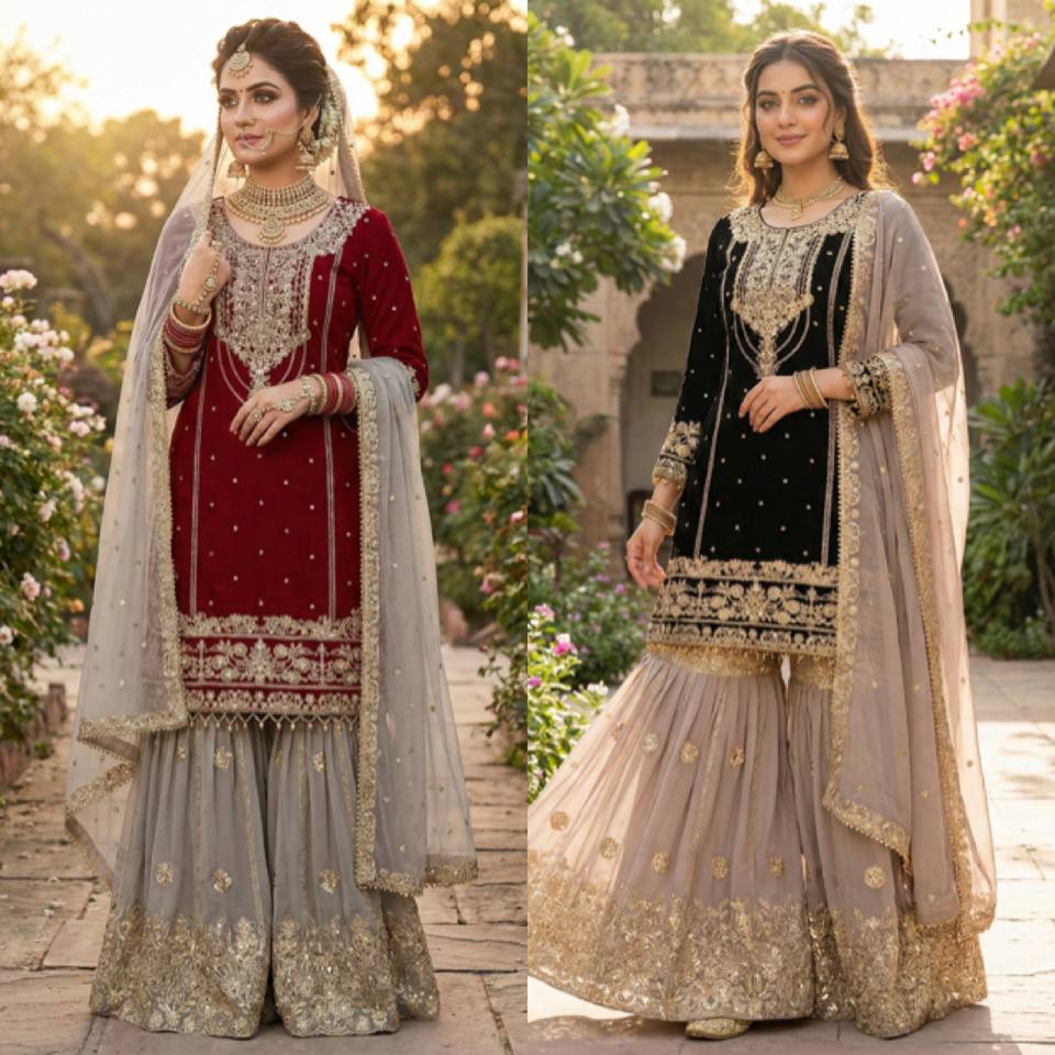 Designer Wedding Wear Heavy Faux Georgette Sharara Suit Set