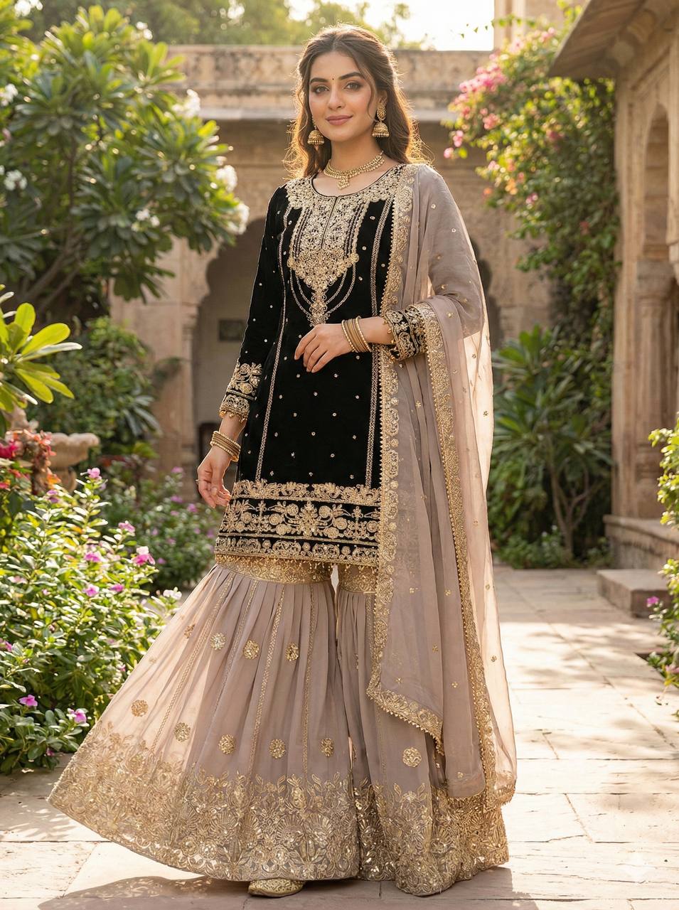 Designer Wedding Wear Heavy Faux Georgette Sharara Suit Set