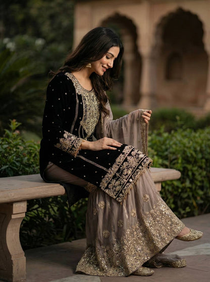 Designer Wedding Wear Heavy Faux Georgette Sharara Suit Set