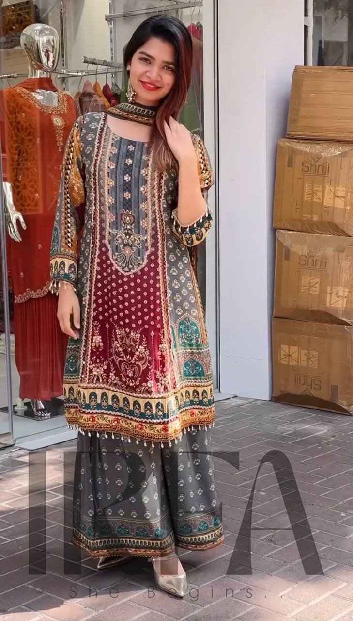 Trendy Maroon Color Heavy Faux Georgette Digital Print With Real Mirror Hand Work Palazzo Suit