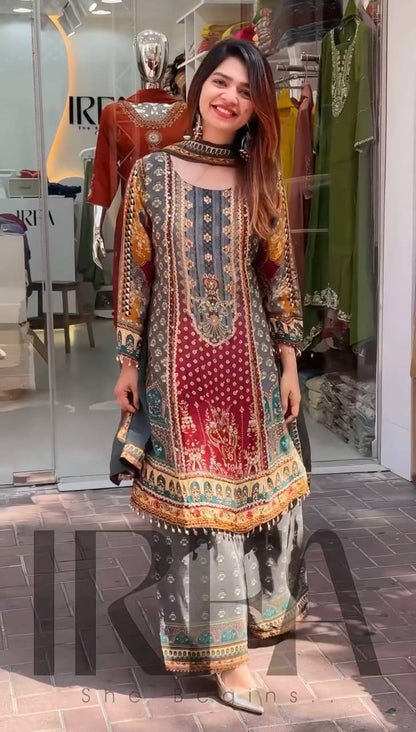 Trendy Maroon Color Heavy Faux Georgette Digital Print With Real Mirror Hand Work Palazzo Suit